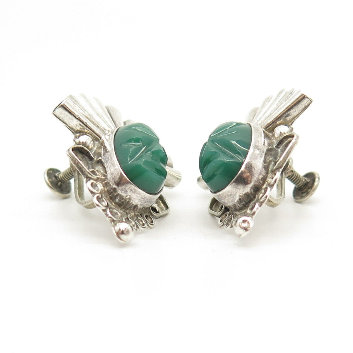 925 Sterling Silver Vintage Mexico Green Onyx Tribal Face Screw Back Earrings