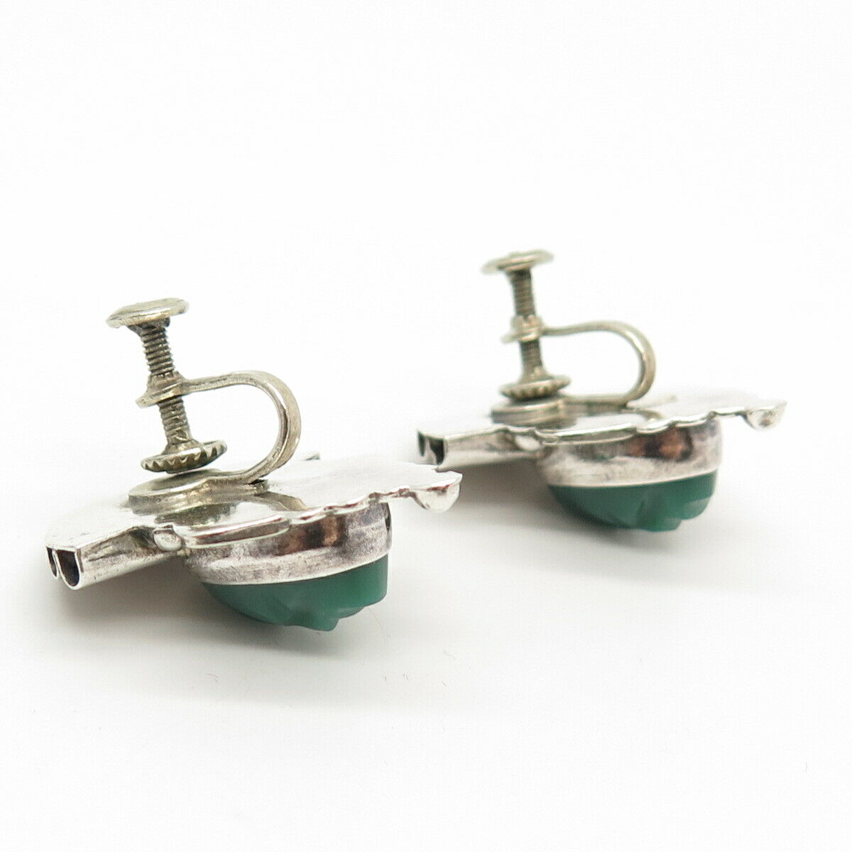 925 Sterling Silver Vintage Mexico Green Onyx Tribal Face Screw Back Earrings