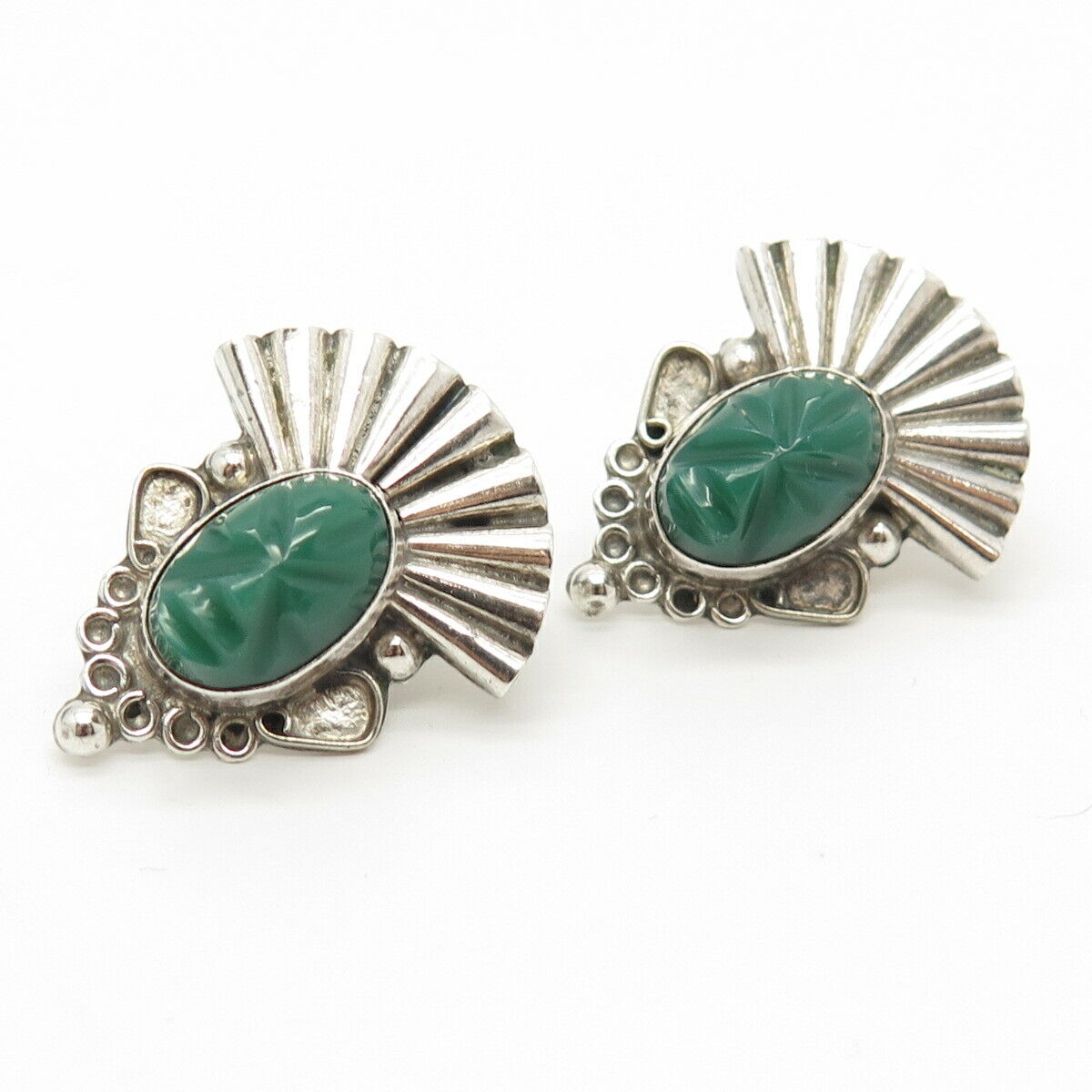 925 Sterling Silver Vintage Mexico Green Onyx Tribal Face Screw Back Earrings