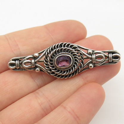 925 Sterling Silver Vintage Real Amethyst Gem Pin Brooch