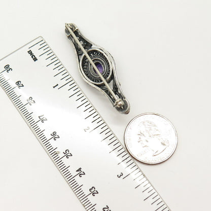 925 Sterling Silver Vintage Real Amethyst Gem Pin Brooch