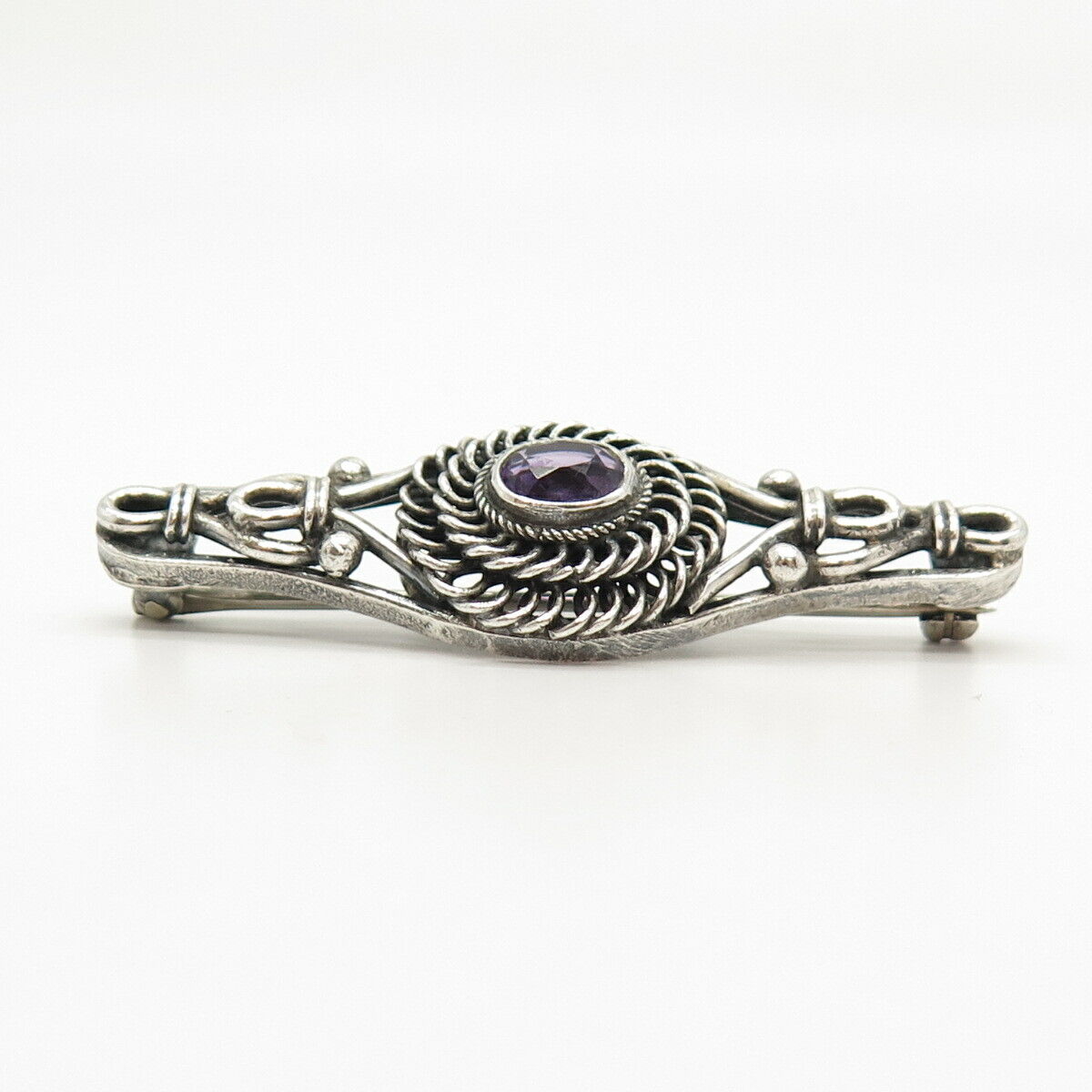 925 Sterling Silver Vintage Real Amethyst Gem Pin Brooch