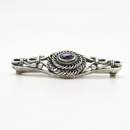 925 Sterling Silver Vintage Real Amethyst Gem Pin Brooch