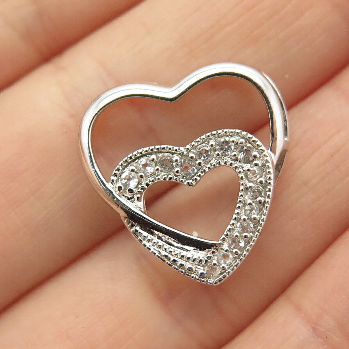 925 Sterling Silver Real White Topaz Gem Open Heart Slide Pendant