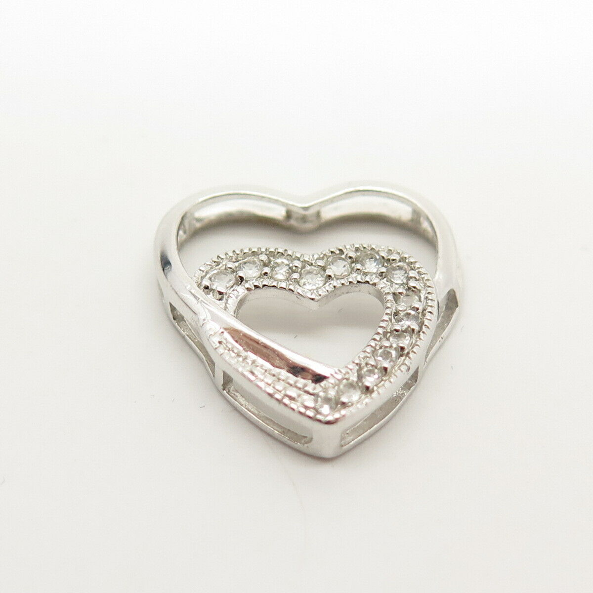 925 Sterling Silver Real White Topaz Gem Open Heart Slide Pendant