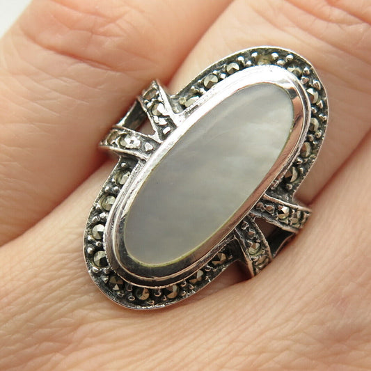 925 Sterling Silver Vintage Marcasite Gem & Mother-of-Pearl Ring Size 5 3/4