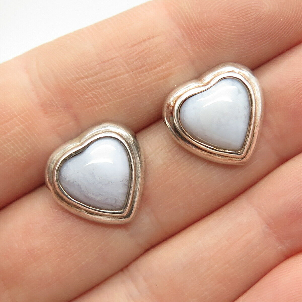 925 Sterling Silver Vintage Real Agate Gem Heart Earrings