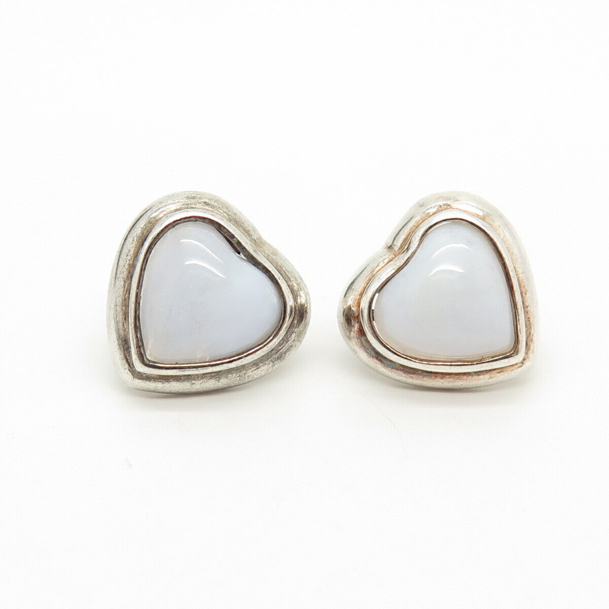 925 Sterling Silver Vintage Real Agate Gem Heart Earrings