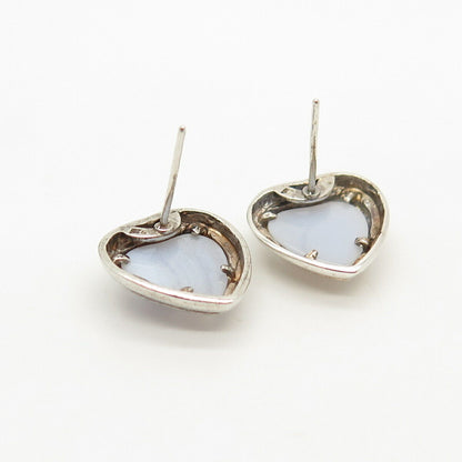 925 Sterling Silver Vintage Real Agate Gem Heart Earrings