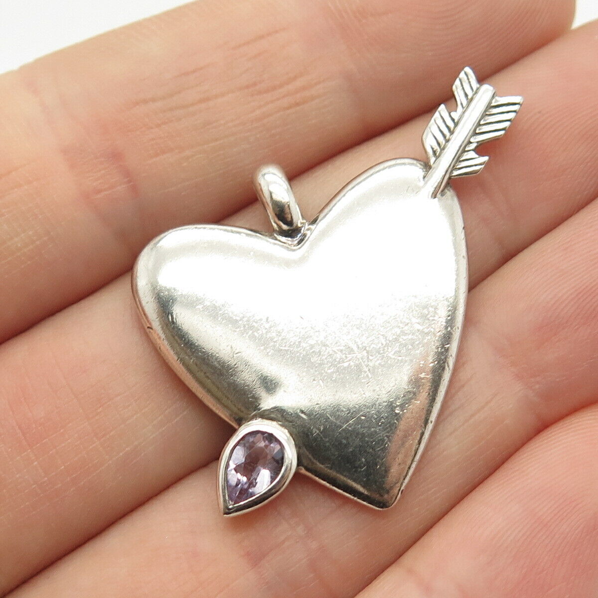 925 Sterling Silver Vintage Amethyst Gemstone Heart & Arrow Design Pendant