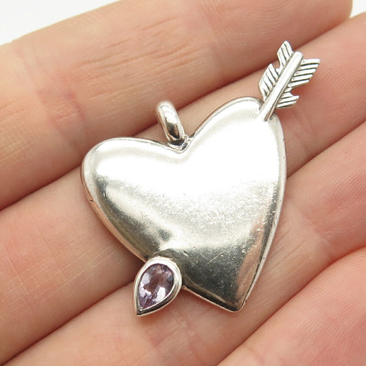 925 Sterling Silver Vintage Amethyst Gemstone Heart & Arrow Design Pendant