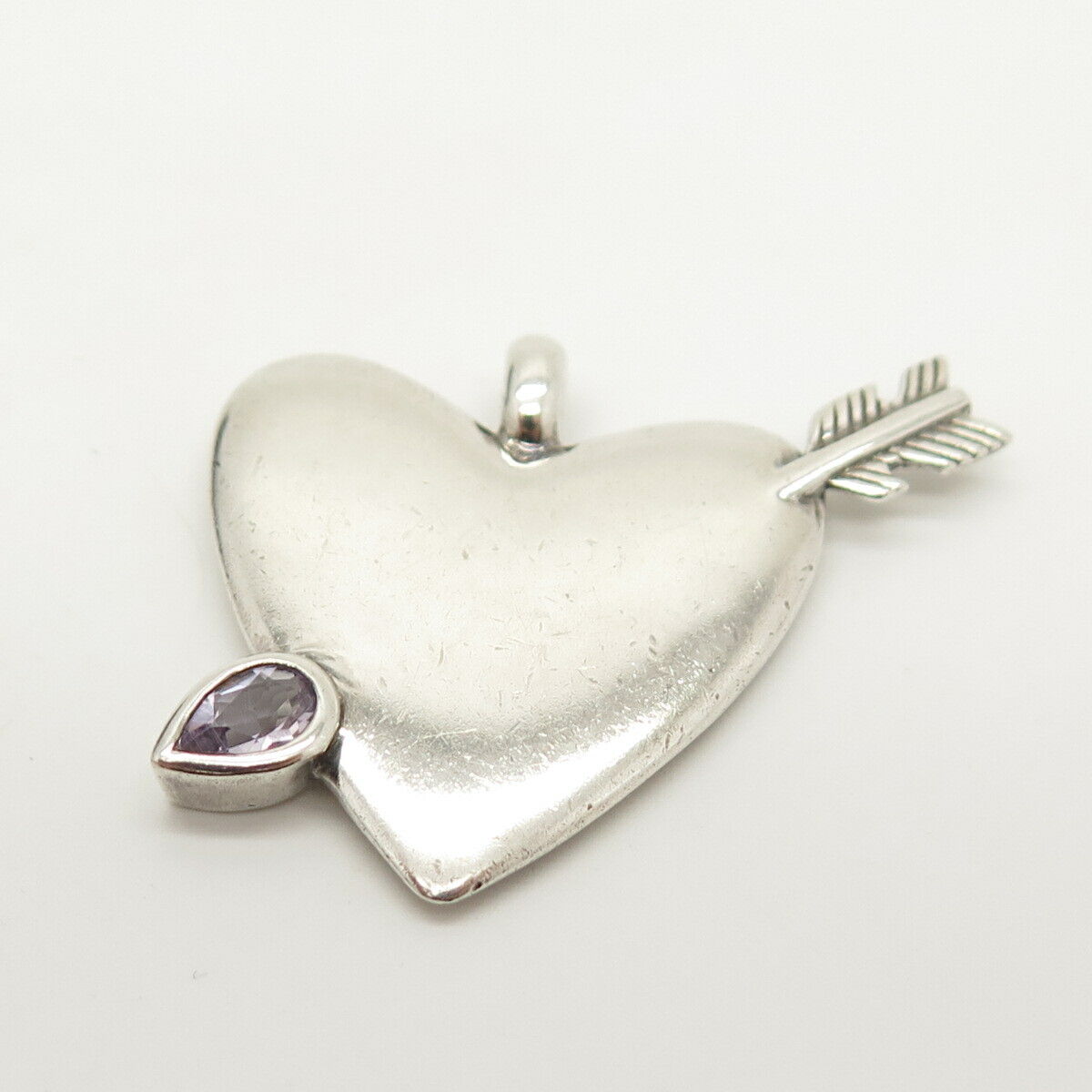 925 Sterling Silver Vintage Amethyst Gemstone Heart & Arrow Design Pendant