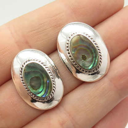 925 Sterling Silver Vintage Real Abalone Shell Oval Earrings