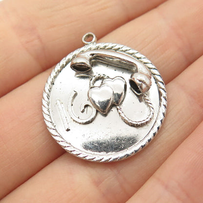 925 Sterling Silver Antique "16" Hearts & Telephone Receiver Design Pendant