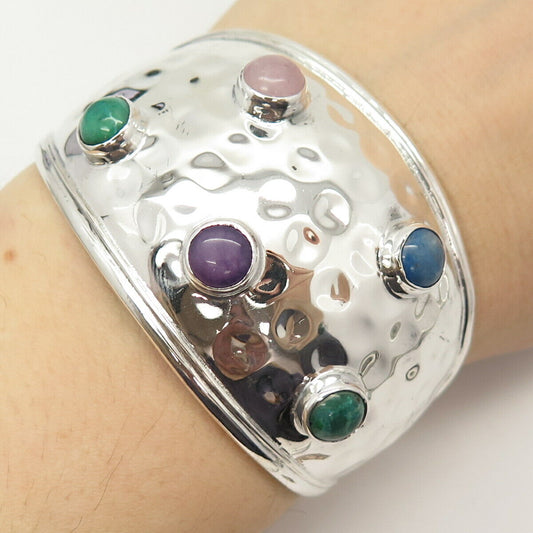 925 Sterling Silver Vintage Mexico Multi-Color Gem Wide Cuff Bracelet 6.5"