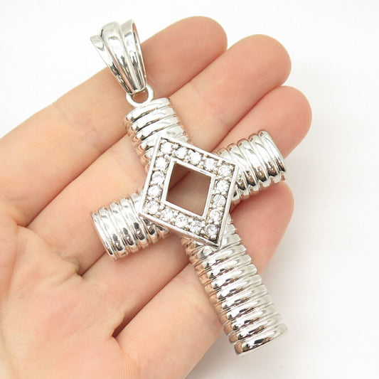 925 Sterling Silver Vintage C Z Ribbed Cross Pendant