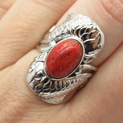 925 Sterling Silver Real Coral Pisces Zodiac Sign Statement Ring Size 7 3/4