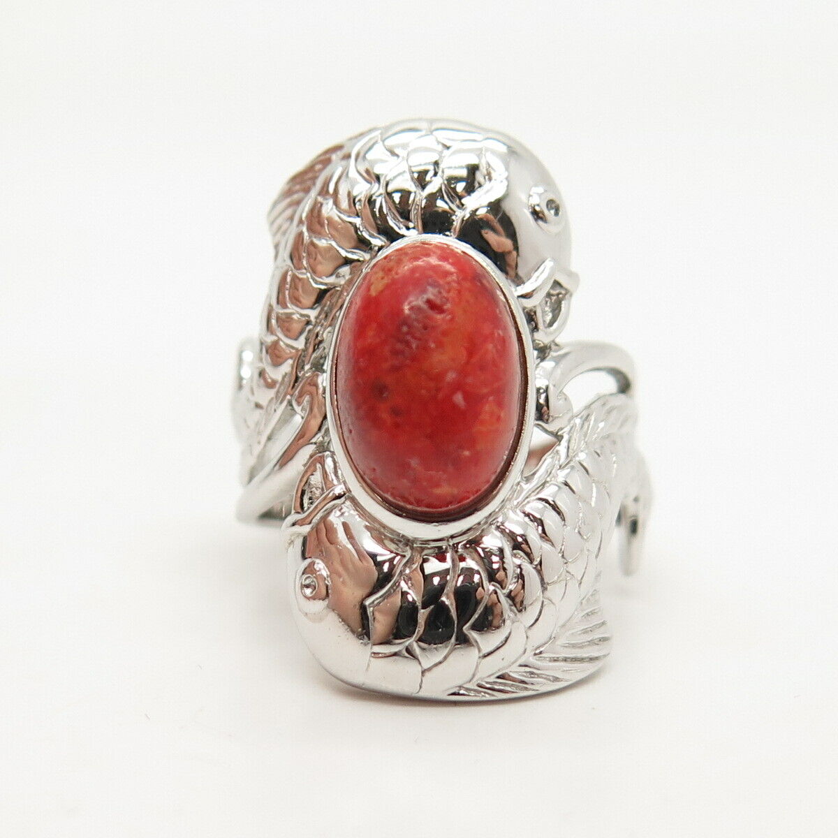 925 Sterling Silver Real Coral Pisces Zodiac Sign Statement Ring Size 7 3/4