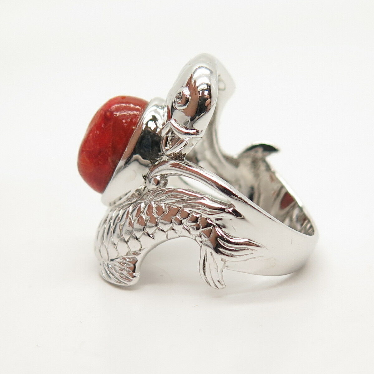 925 Sterling Silver Real Coral Pisces Zodiac Sign Statement Ring Size 7 3/4