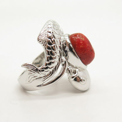 925 Sterling Silver Real Coral Pisces Zodiac Sign Statement Ring Size 7 3/4