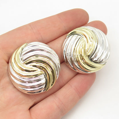 925 Sterling Silver 2-Tone Vintage Mexico Ribbed Clip On Earrings