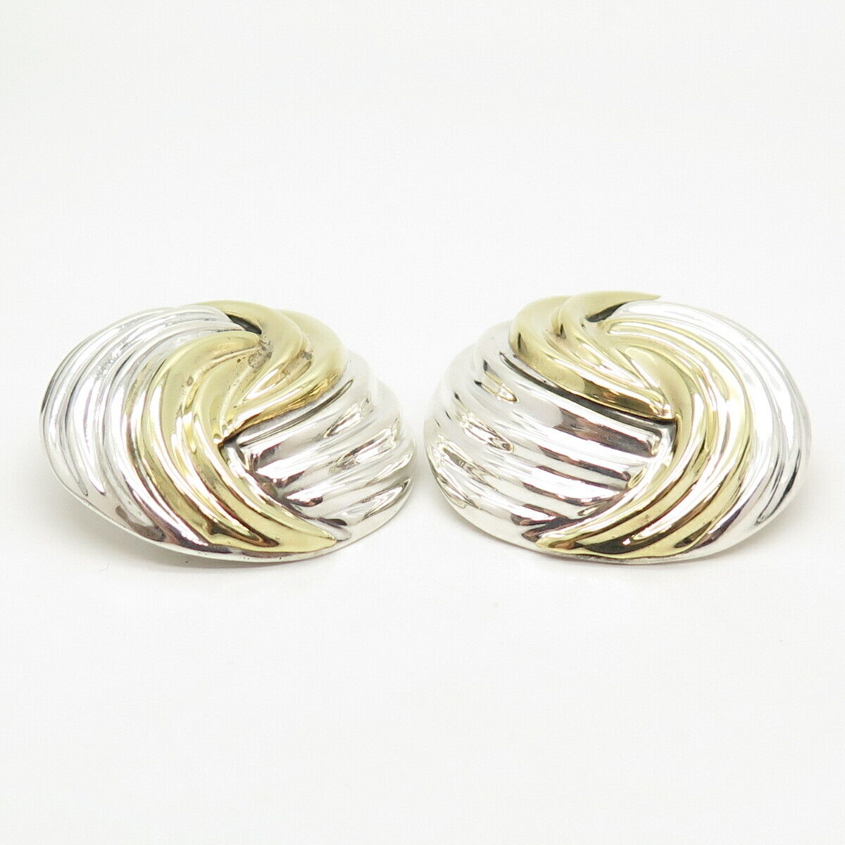 925 Sterling Silver 2-Tone Vintage Mexico Ribbed Clip On Earrings