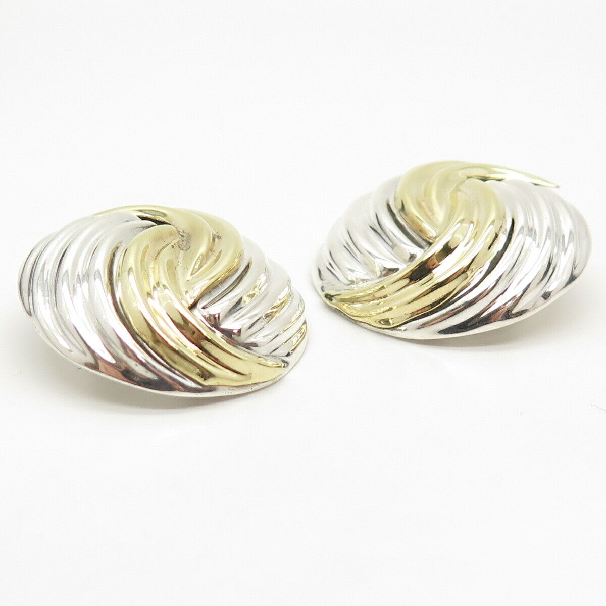 925 Sterling Silver 2-Tone Vintage Mexico Ribbed Clip On Earrings