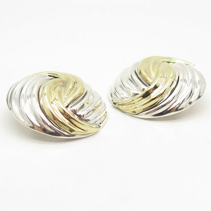 925 Sterling Silver 2-Tone Vintage Mexico Ribbed Clip On Earrings