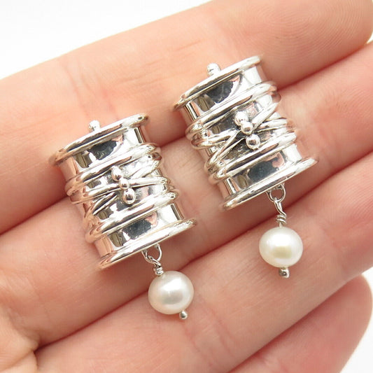 925 Sterling Silver Vintage Real Pearl Dangling Earrings