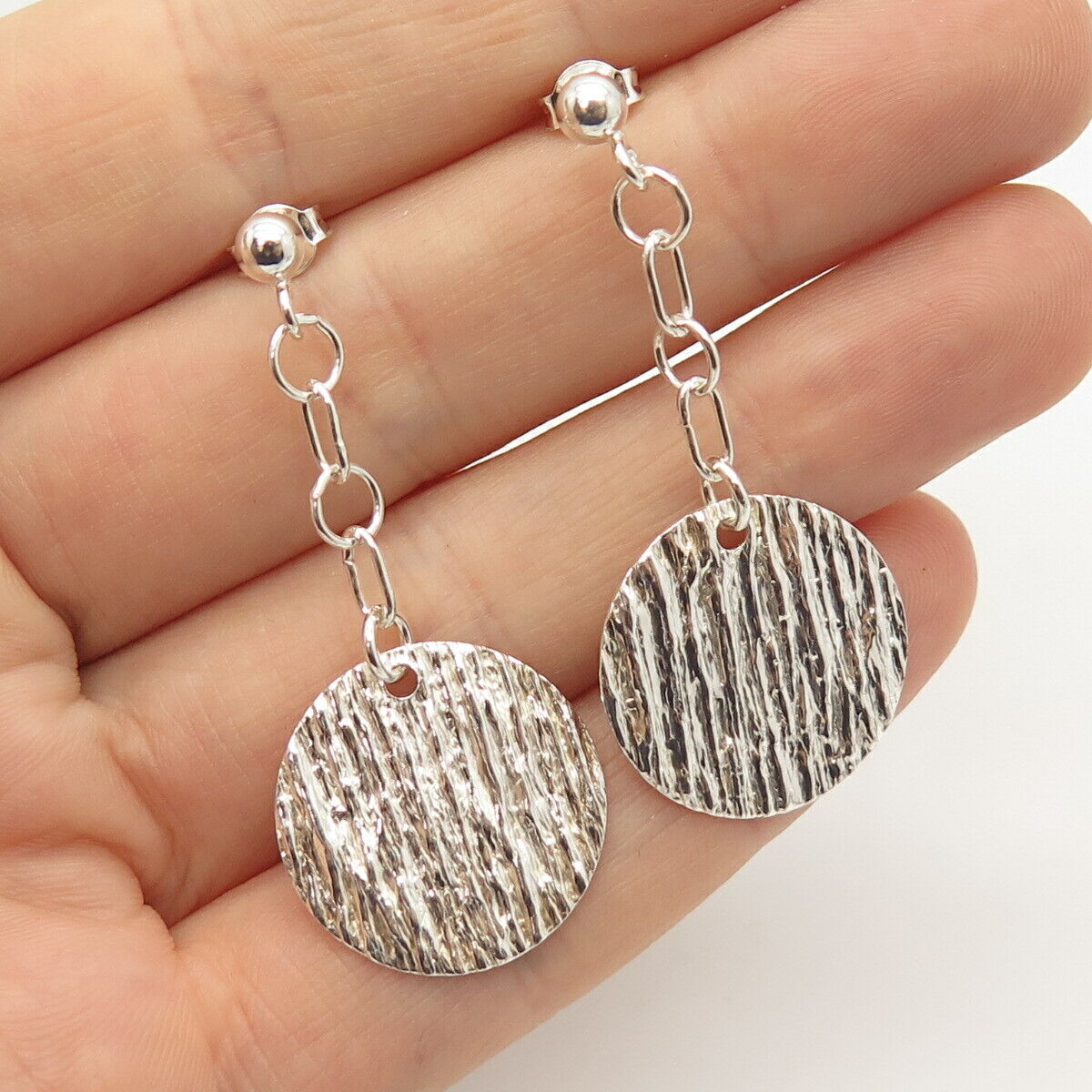 925 Sterling Silver Italy Textured Round Dangling Earrings