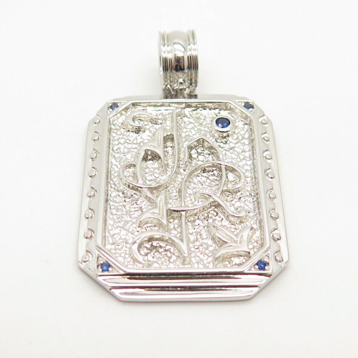 925 Sterling Silver Real Sapphire Gem Ornate Rectangle Pendant