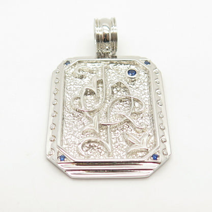 925 Sterling Silver Real Sapphire Gem Ornate Rectangle Pendant