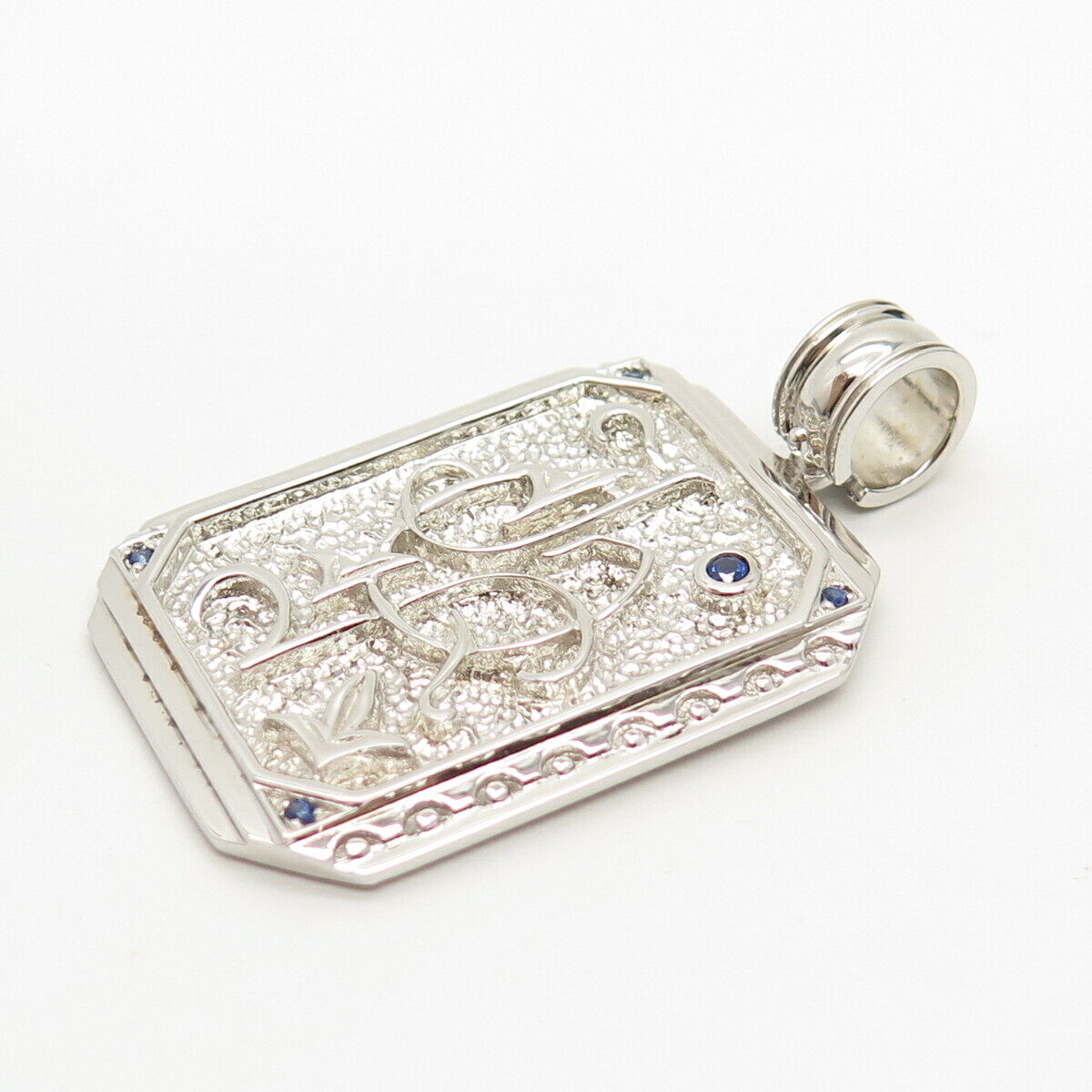 925 Sterling Silver Real Sapphire Gem Ornate Rectangle Pendant