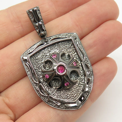 925 Sterling Silver Real Ruby Gem Coat of Arms Design Pendant