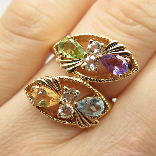 925 Sterling Silver Gold Plated Multi-Color Gem Overlap Statement Ring Size 6.5