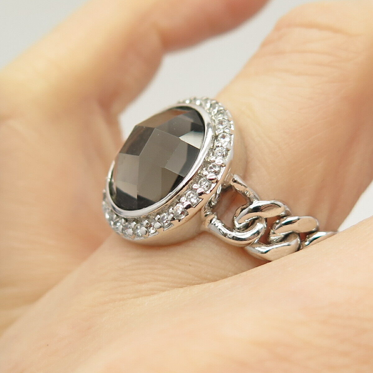 925 Sterling Silver Real Smoky Quartz & C Z Cable Chain Ring Size 6 3/4