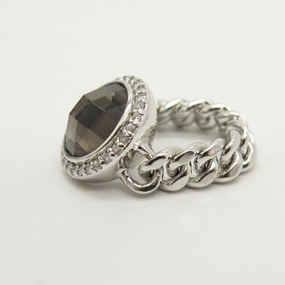 925 Sterling Silver Real Smoky Quartz & C Z Cable Chain Ring Size 6 3/4