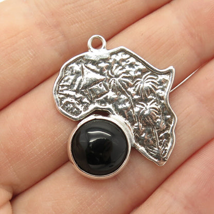 925 Sterling Silver Vintage Real Black Onyx Gem House & Tree Pendant