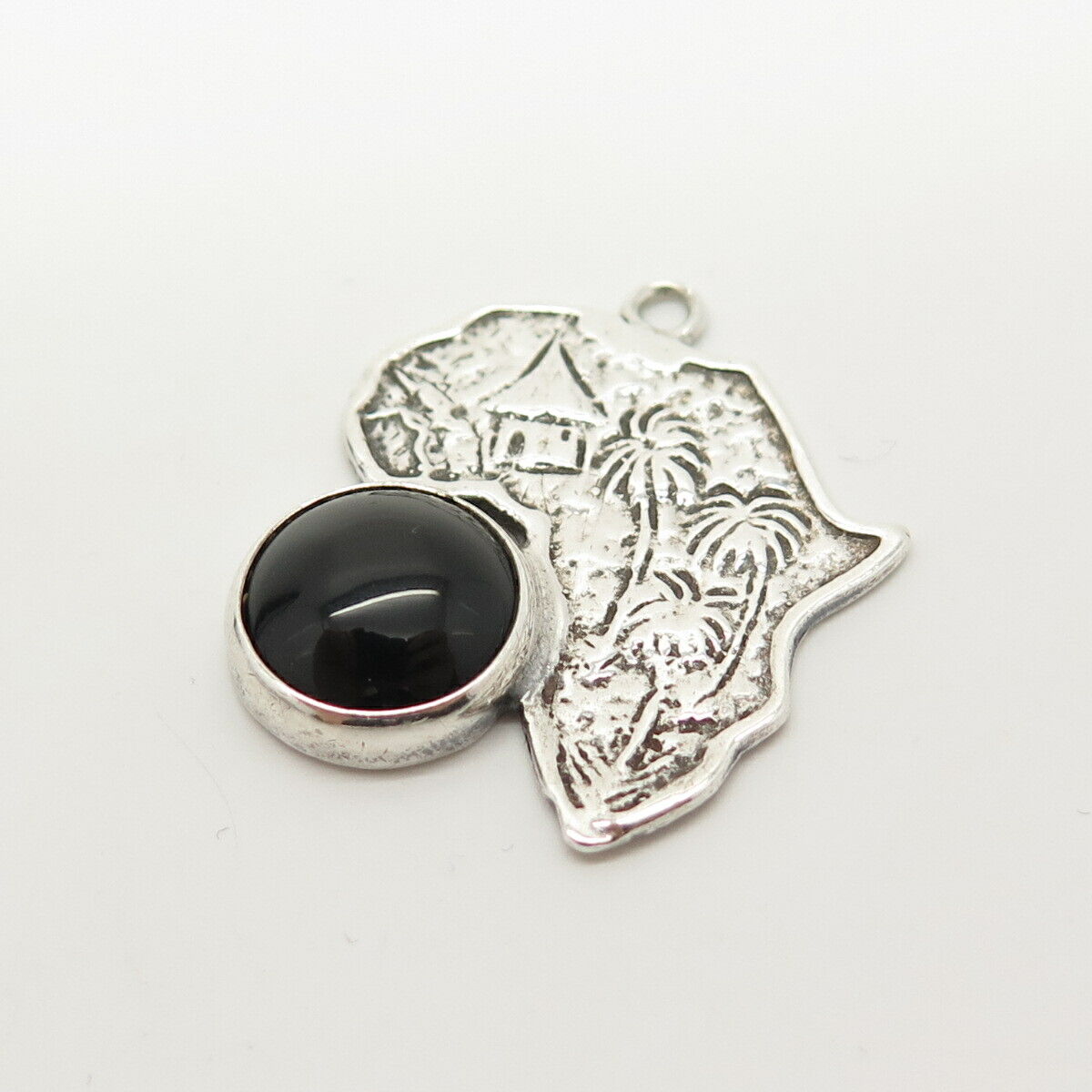 925 Sterling Silver Vintage Real Black Onyx Gem House & Tree Pendant