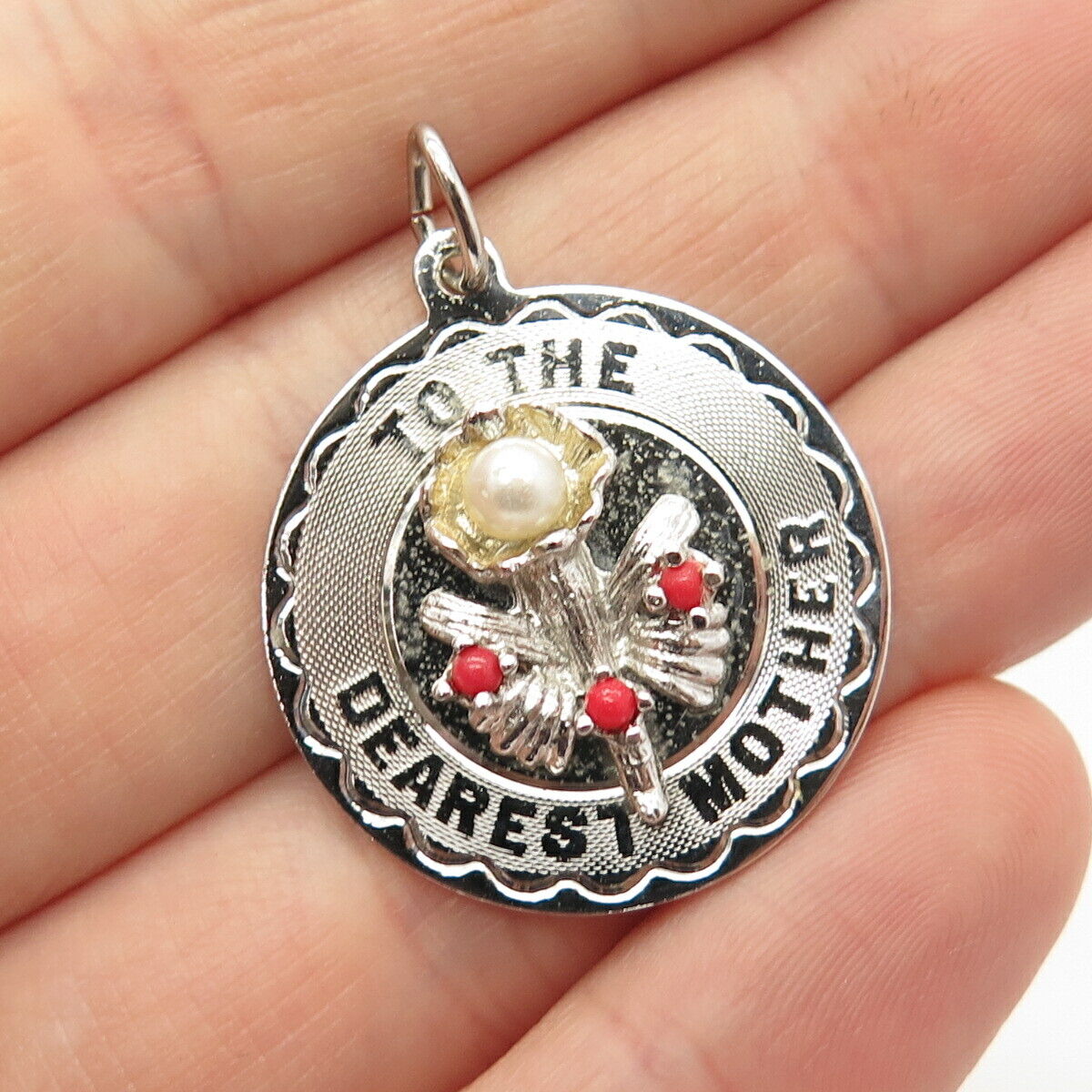 925 Sterling Silver Vintage Elco C Z Faux Pearl "To The Dearest Mother" Pendant