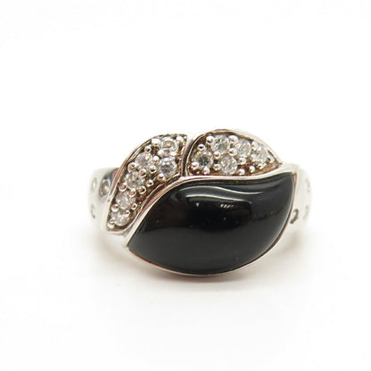 925 Sterling Silver Vintage Real Black Onyx Gemstone & C Z Ring Size 7 3/4