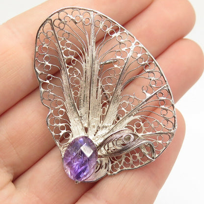 925 Sterling Silver Vintage Real Amethyst Gemstone Filifree Pin Brooch