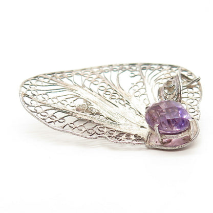 925 Sterling Silver Vintage Real Amethyst Gemstone Filifree Pin Brooch