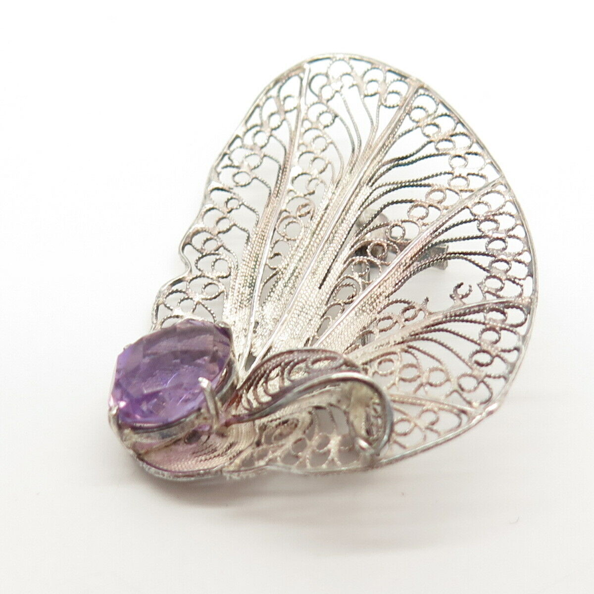 925 Sterling Silver Vintage Real Amethyst Gemstone Filifree Pin Brooch