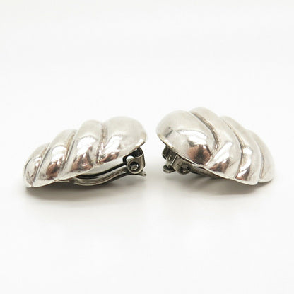 925 Sterling Silver Vintage Mexico Ribbed Hollow Clip On Earrings