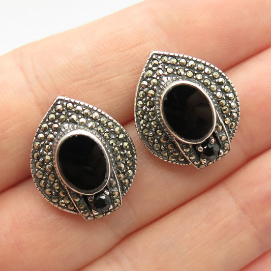 925 Sterling Silver Vintage Black Onyx Marcasite & Melanite Gem Earrings