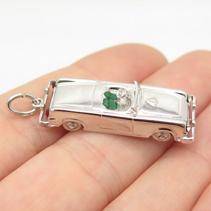 925 Sterling Silver Vintage Green Enamel & C Z Retro Car Movable Pendant