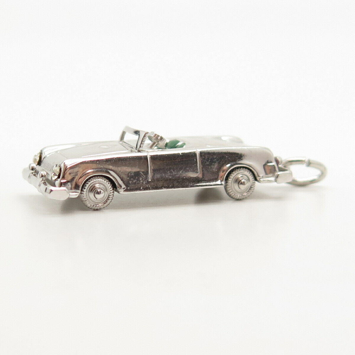 925 Sterling Silver Vintage Green Enamel & C Z Retro Car Movable Pendant