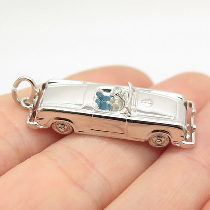 925 Sterling Silver Vintage Blue Enamel & C Z Retro Car Movable Pendant