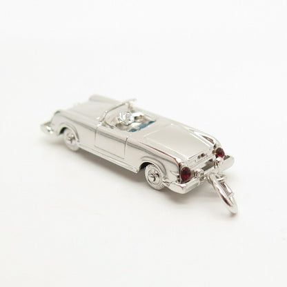 925 Sterling Silver Vintage Blue Enamel & C Z Retro Car Movable Pendant